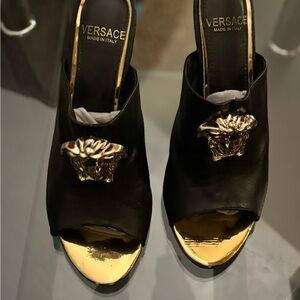 Versace Black Heels with Gold Medusa Detail